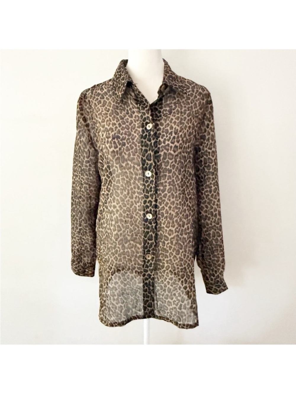 Vintage Women Leopard Sheer Rhinestone Button Down Top Small Y2K Glam Mob Wife